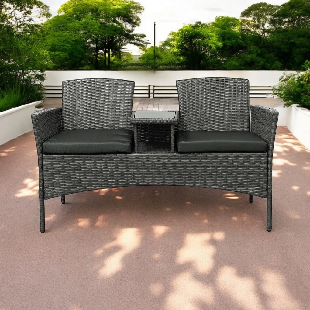 Meble ogrodowe Ratina NM-03, dwuosobowa sofa ze stolikiem, kolor szary, poduszki szare