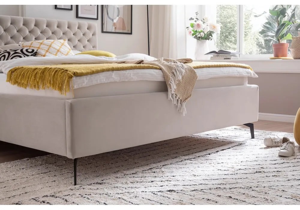 Beżowe tapicerowane łóżko dwuosobowe ze schowkiem i stelażem 180x200 cm La Maison – Meise Möbel