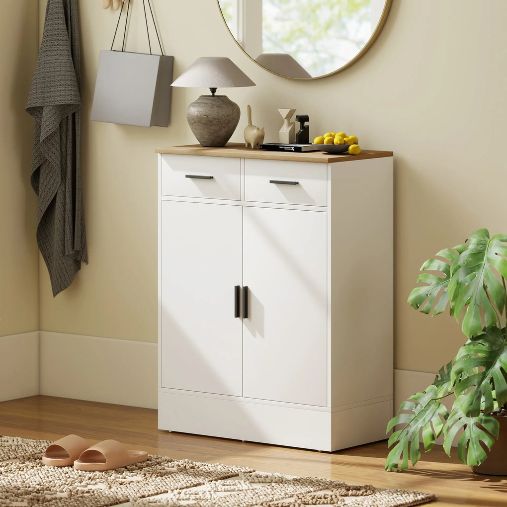 HOMCOM Komoda z miejscem do przechowywania, komoda z 2 szufladami, regulowana półka, do kuchni, salonu, przedpokoju, naturalne drewno, biały