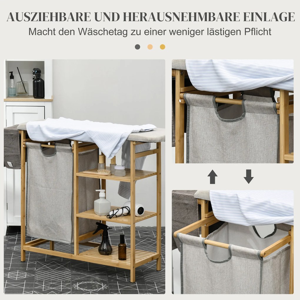 HOMCOM Segregator na pranie, multifunkcyjny, z deską do prasowania i workiem 57L, stelaż z bambusa, 113x34x82cm, naturalny/szary