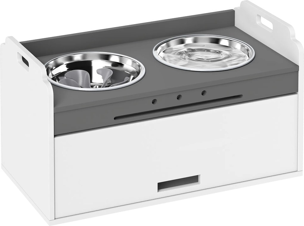 PawHut Podwyższana miska z szafką do przechowywania, 2 miski z pierścieniami antypoślizgowymi, 60 x 30 x 35,5 cm, Biały | Aosom PL