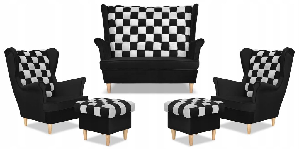 Zestaw uszak CAROL DUO sofa fotele pufy Family Meble czarno - biały