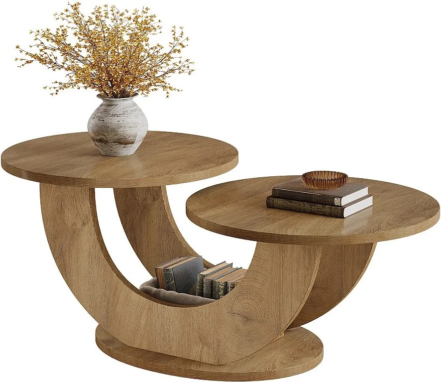 Okrągły stolik kawowy do salonu, dwupoziomowy stolik kawowy w stylu rustykalnym z ramą w kształcie litery U, niski stolik koktajlowy do domu, mieszkania, naturalny