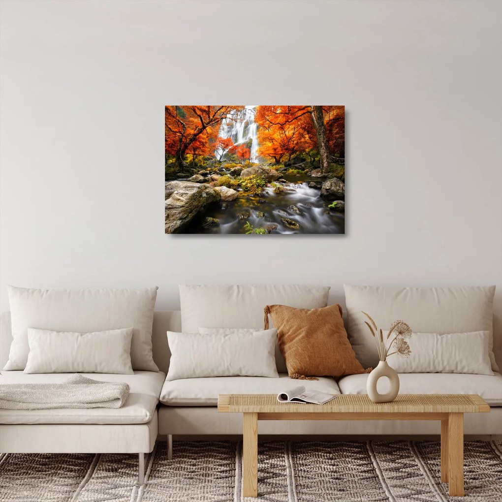 Obraz na szkle - Wodospady w pomarańczowym lesie (70x50 cm)