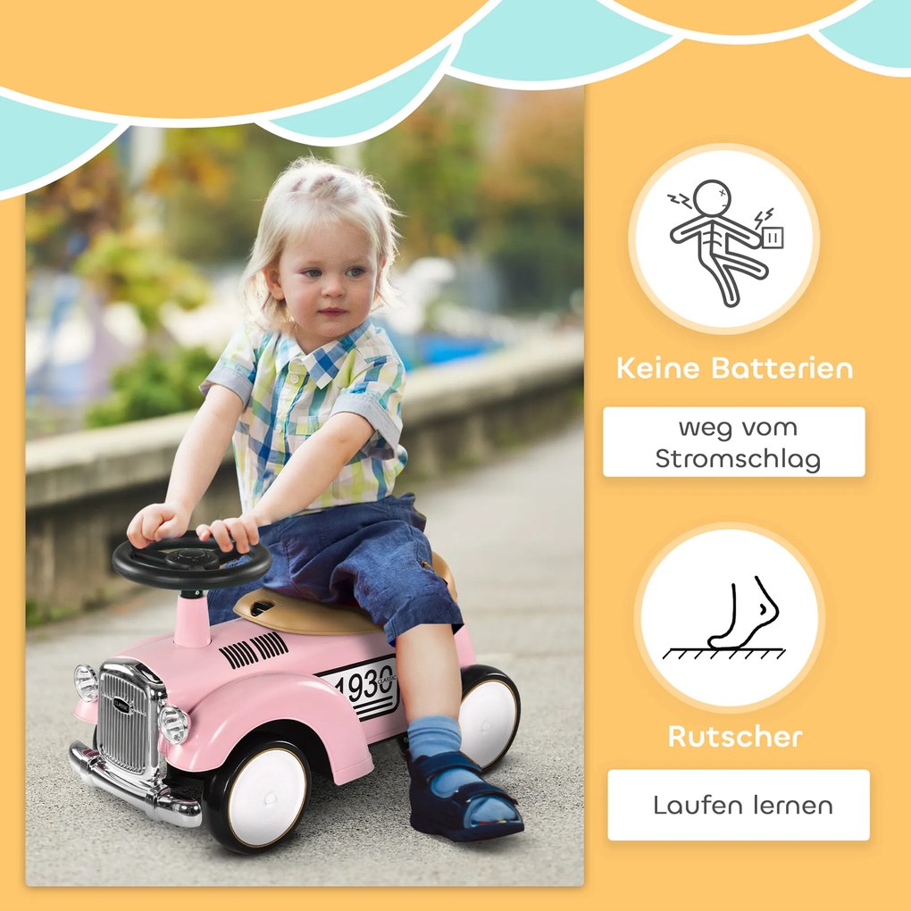 AIYAPLAY Dziecięcy pojazd do zjeżdżania, styl vintage, ukryty schowek, zabezpieczenie przed przewróceniem, klakson, 12-36 miesięcy, Różowy