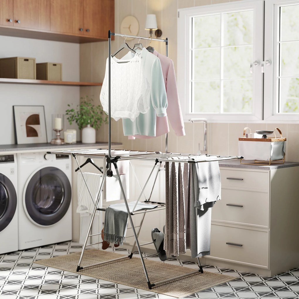 HOMCOM Suszarka na pranie składana stojąca suszarka z regulowanymi skrzydłami, uchwytami na buty, stal nierdzewna, 156,5 x 68 x 192 cm, srebrny