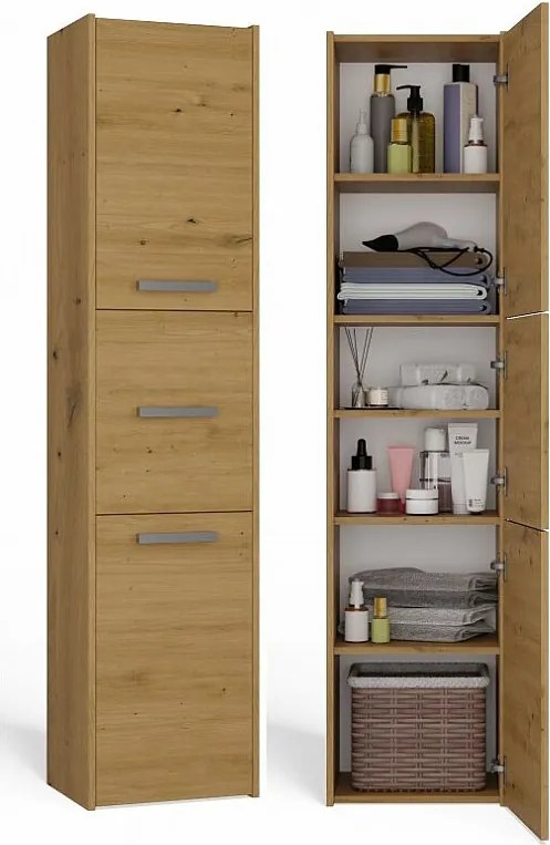 Szafka Łazienkowy Sara S43 | Dąb Artisan | 40x30x170 cm | Szafka 3 Drzwi, Półki