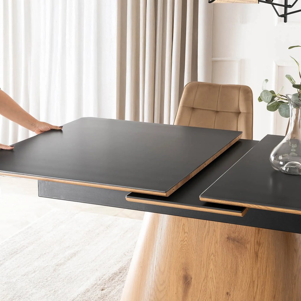 Zestaw Stół Rozkładany Ceramiczny LIZBONA 160-200 cm Czarny/Dąb i 4 Krzesła Tapicerowane RODRI Beżowe Nowoczesne