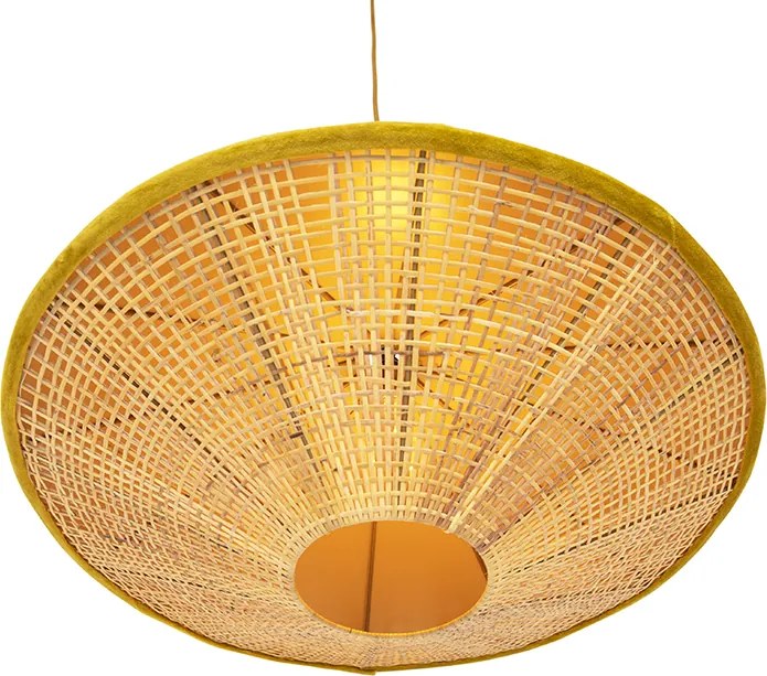 Rustykalna lampa wisząca żółty welur z rattanu 60 cm - Frills Can