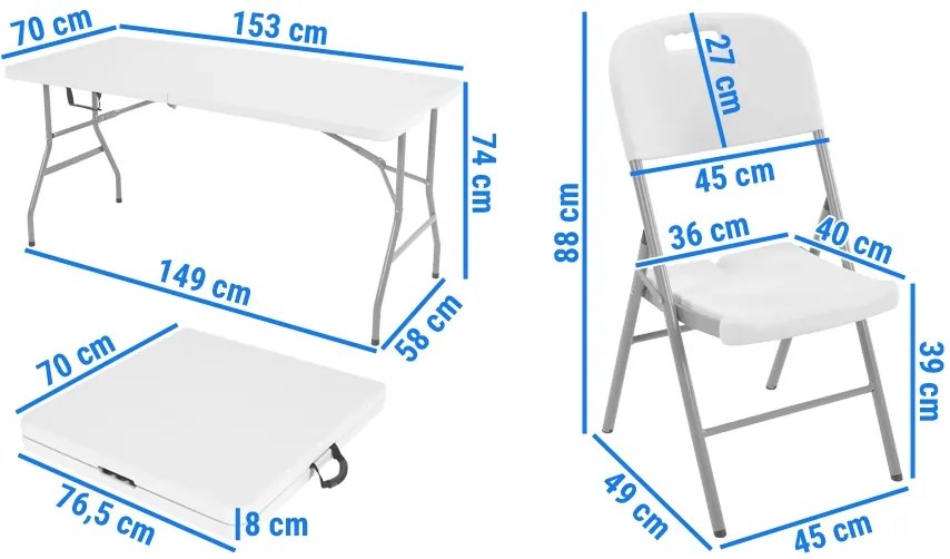 Zestaw składanych mebli cateringowych 4-osobowy, stół 153 cm