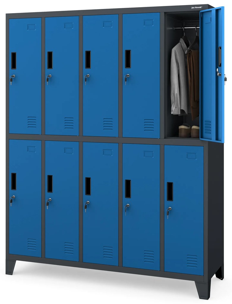 Szafa socjalna BHP ubraniowa 10-drzwiowa antracytowo-niebieska: BARTEK 1360 x 1720 x 450 mm