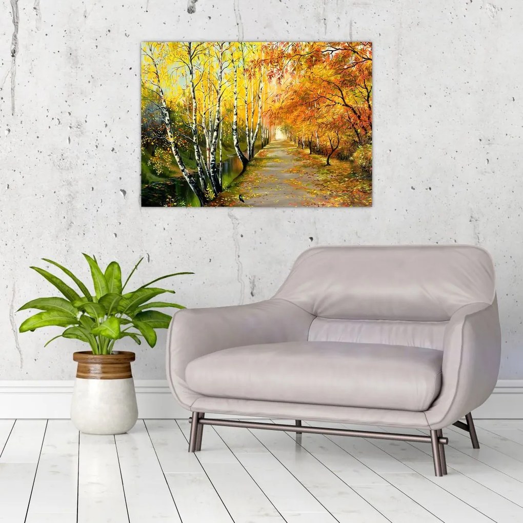 Obraz na szkle - Romantyczna aleja wzdłuż wody, obraz olejny (70x50 cm)