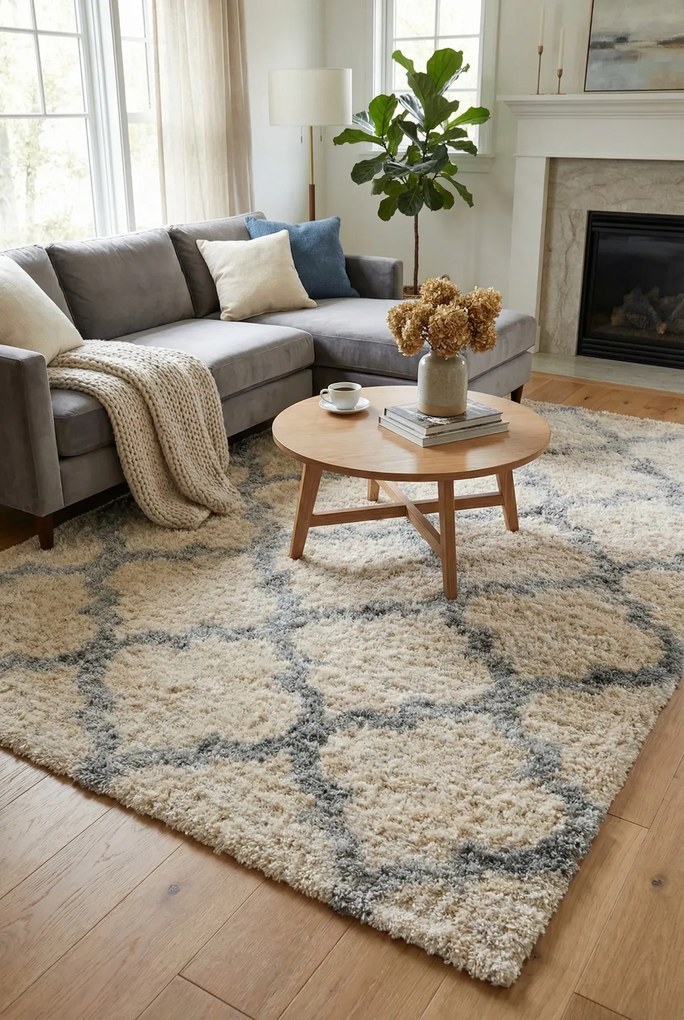 Beżowy prostokątny dywan w marokańską koniczynę R3-N08