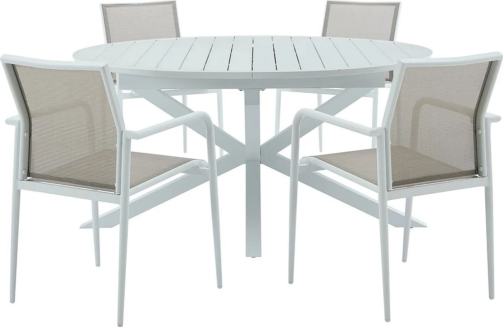 Zestaw mebli ogrodowych jadalnianych z aluminium: rozkładany stół dł. 150/200 cm i 4 sztaplowane fotele - Jasnoszary i biały - YOHA marki MYLIA