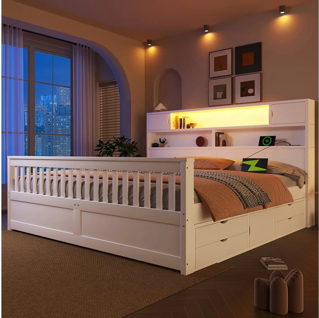 Rama łóżka platformowego - 180 x 200 cm - z półkami + zagłówek ze schowkiem + diody LED + USB + 4 szuflady - płyta MDF - biała