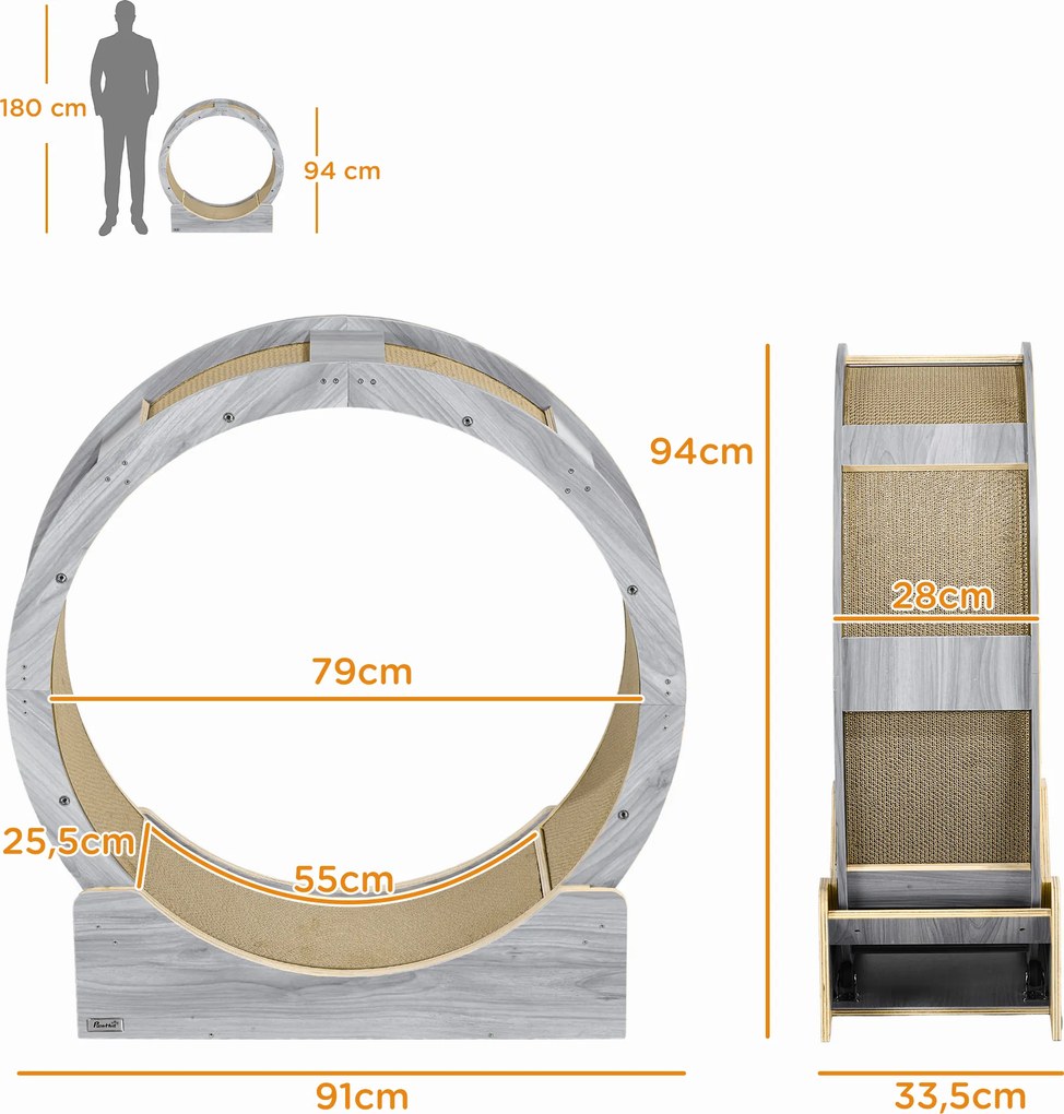 PawHut Kocie Koło Treningowe, Koło Do Biegania dla Kotów, 91 cm, z Hamulcem, Matą Do Drapania, dla Zdrowego Ruchu, Orzech