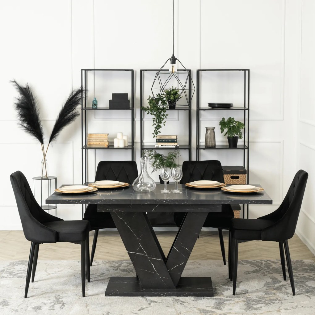 Zestaw Stół Prostokątny Rozkładany CLARK 120-160 cm Czarny Marmur i 4 Krzesła Tapicerowane CORK Czarne Welurowe Loft