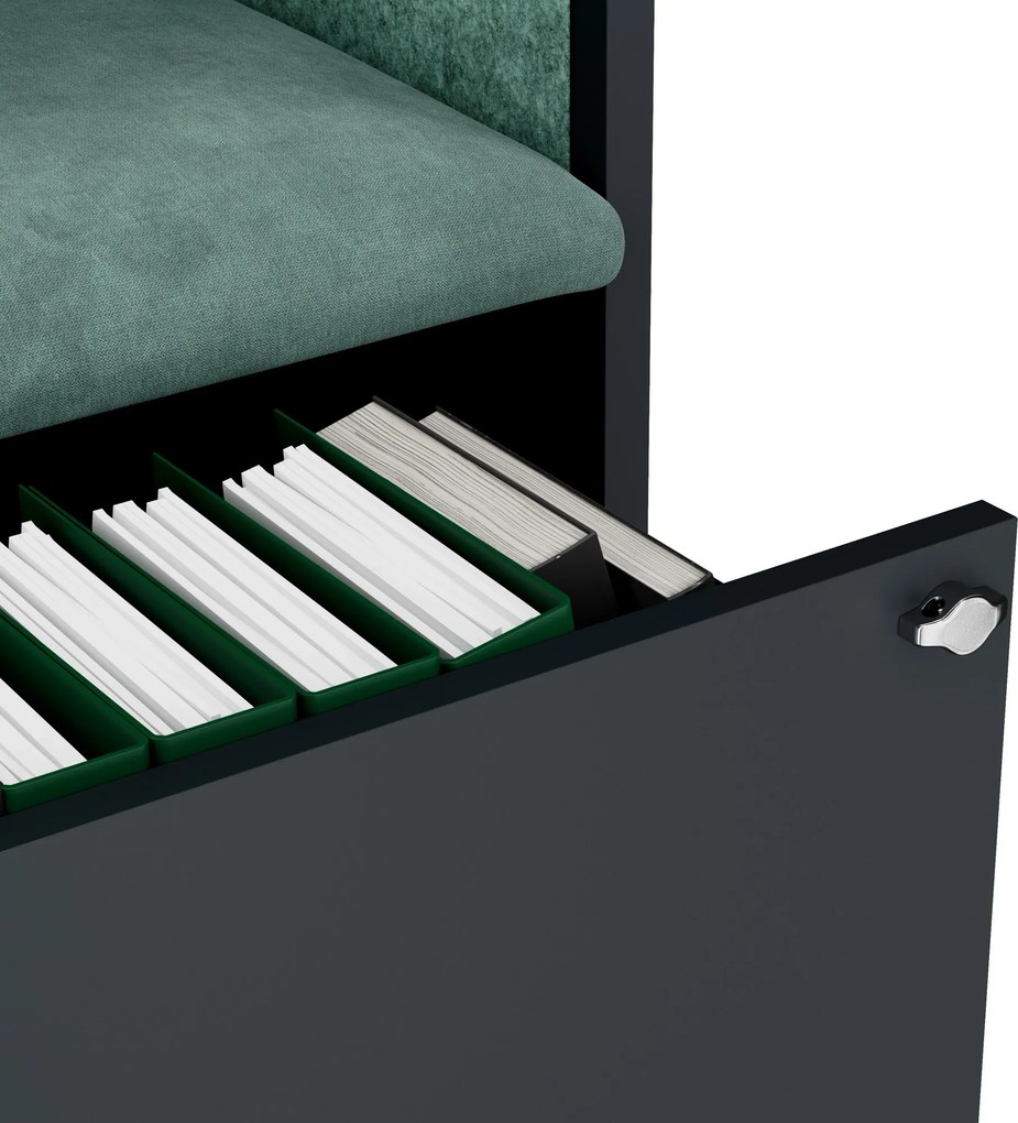 Szafa z siedziskiem i strefą wyciszenia SALLY MentalBox, antracytowy korpus, zielone siedzisko, 1850 x 600 x 400 mm