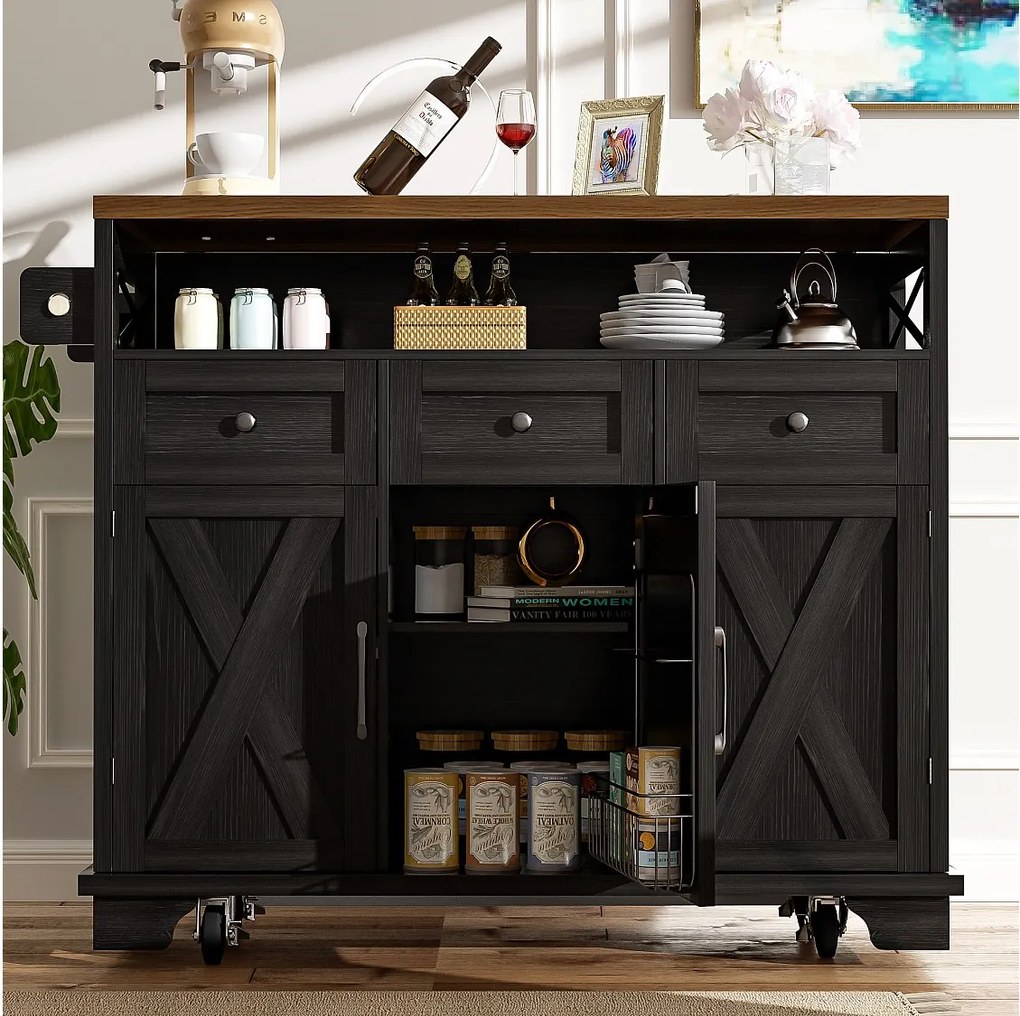 Czarna wyspa kuchenna z blatem w efekcie drewna, 3 szufladami do przechowywania i 3 drzwiami