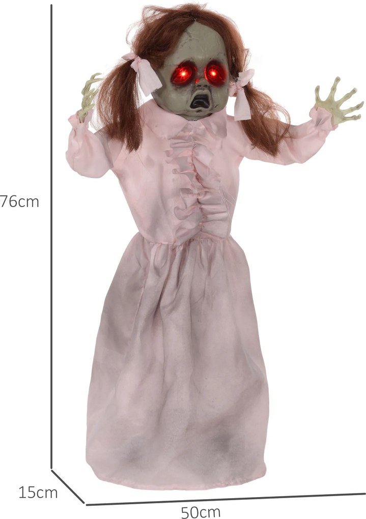 HOMCOM Lalka Horror, Dekoracja Helloween, aktywowana dźwiękiem/dotykiem, czerwone oczy, dźwięk, 76 cm