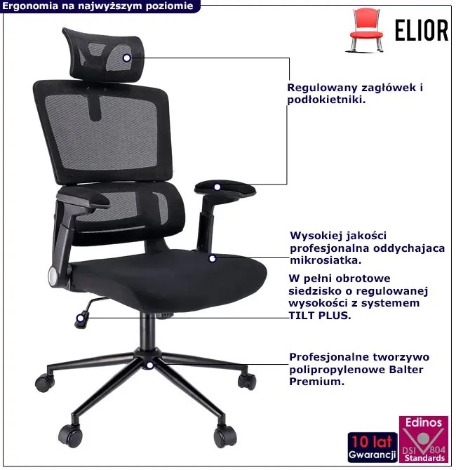 Czarny ergonomiczny fotel biurowy z zagłówkiem - Gesion