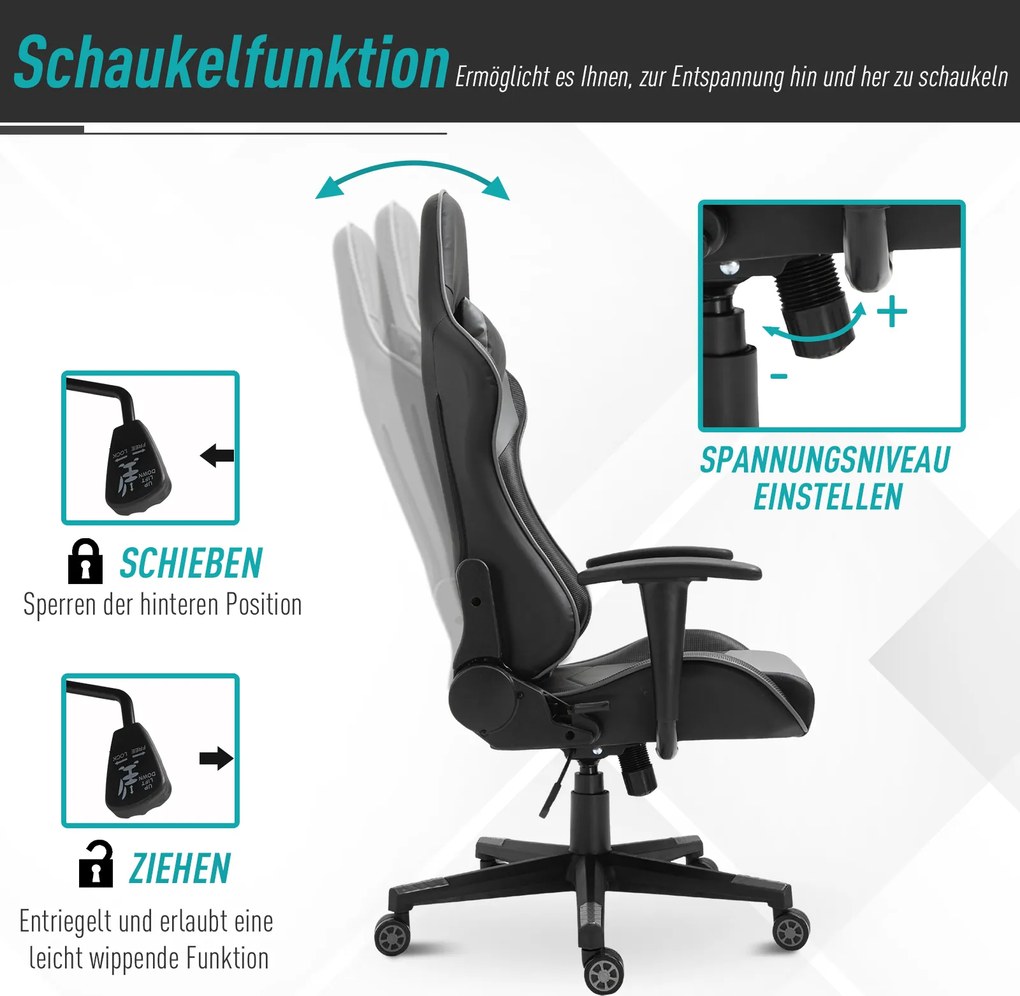 Vinsetto Ergonomiczne krzesło biurowe, fotel gamingowy, sztuczna skóra, pianka, MDF, czarne