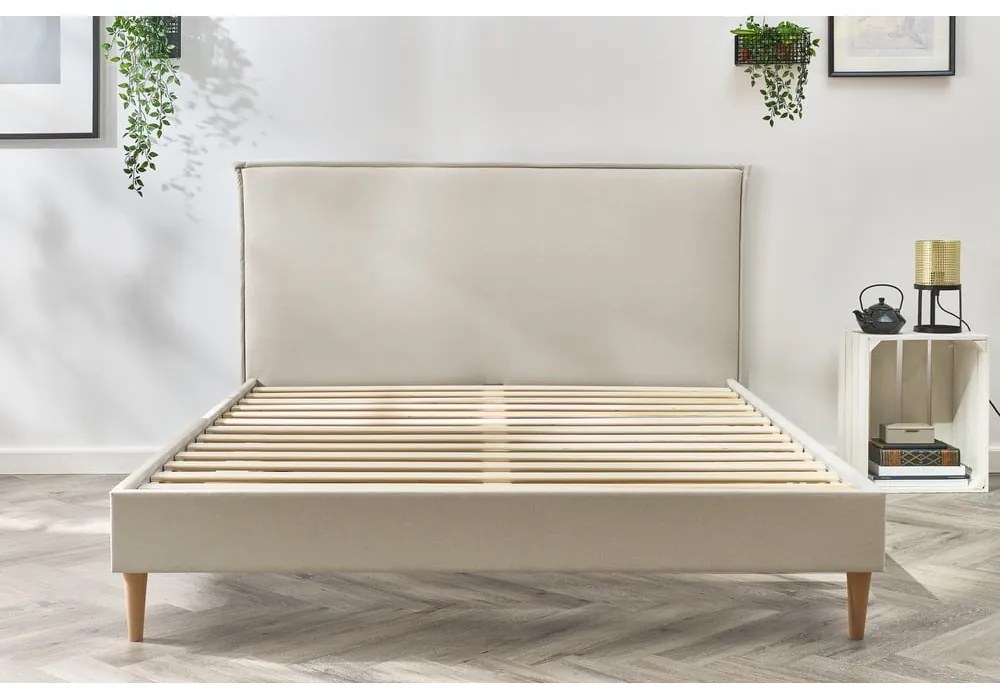 Beżowe tapicerowane łóżko dwuosobowe ze stelażem 160x200 cm Sary – Bobochic Paris