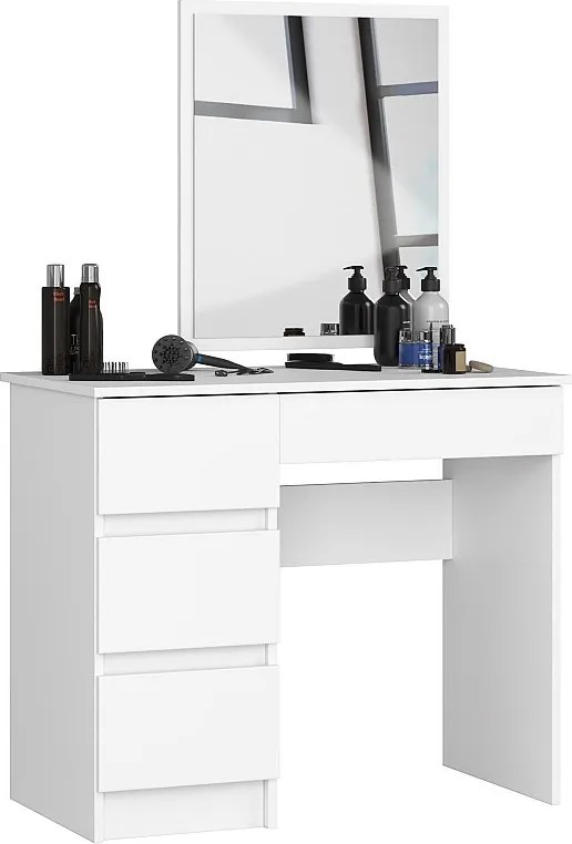 Toaletka AKORD T6 Biała 90 cm z lustrem 500x600 lewa 4 szuflady kolor Biały mat 90x50x142 cm