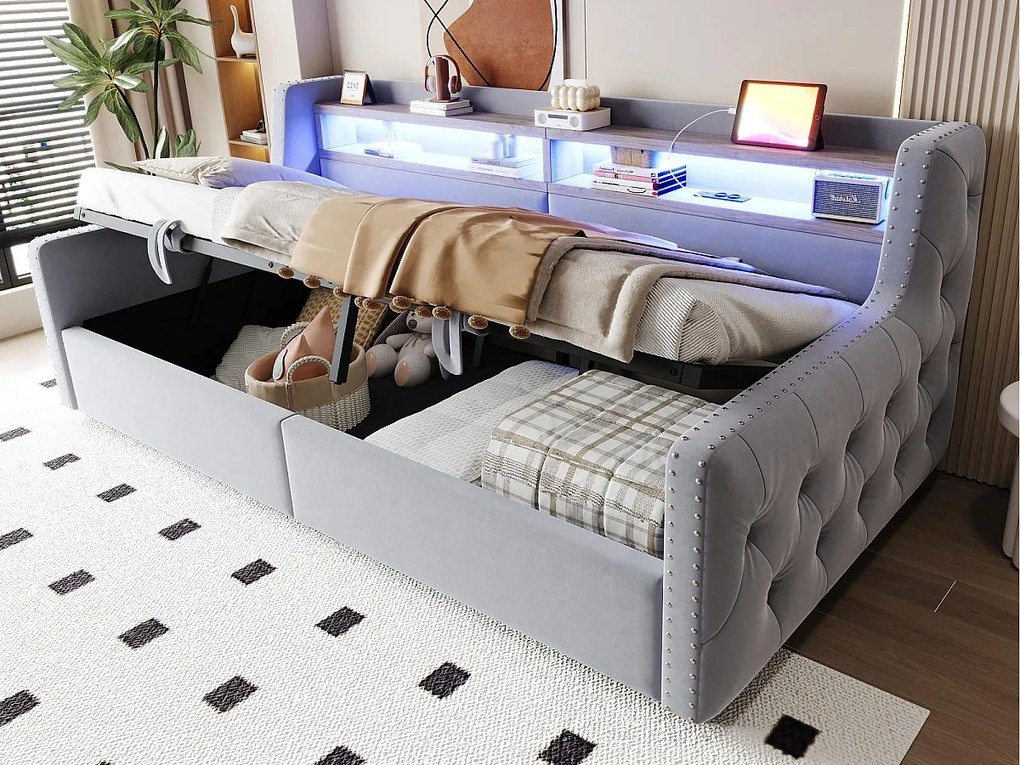 Tapicerowana sofa z łóżkiem 90x200 cm - z oświetleniem LED - schowki - gniazdko elektryczne + port ładowania - jasnoszary