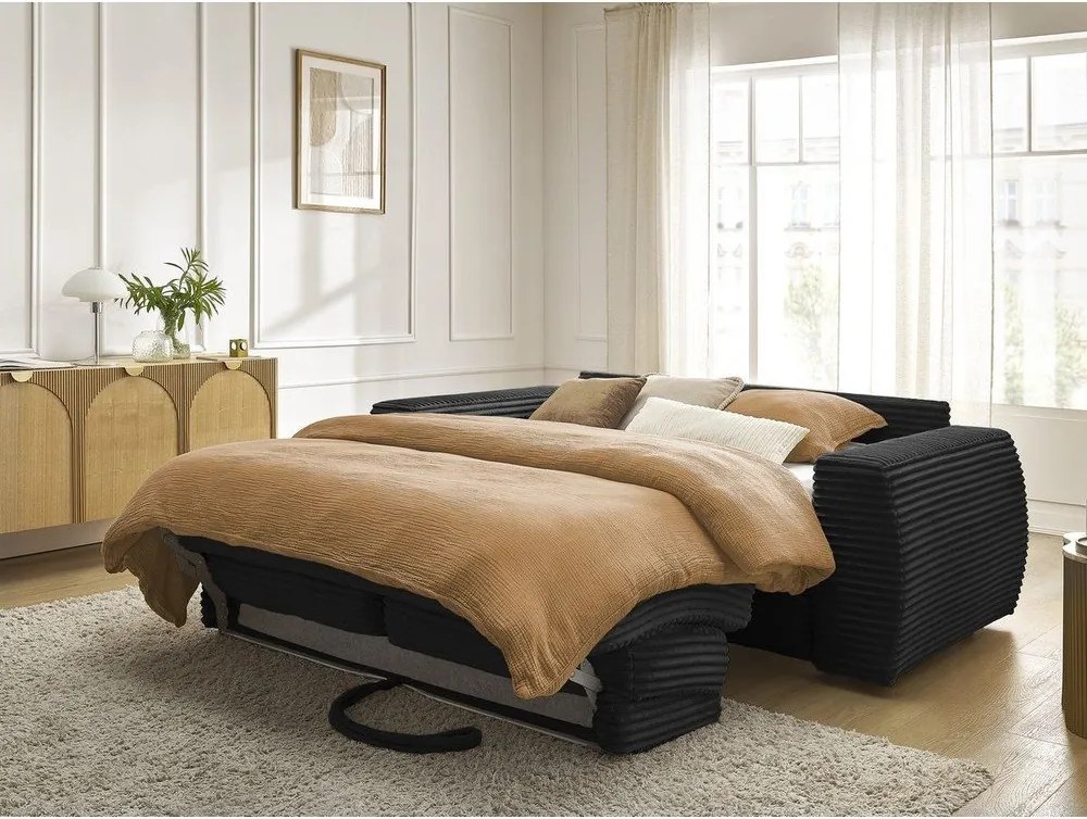 Czarna sztruksowa sofa do spania/rozkładana 220 cm Hugo – Bobochic Paris