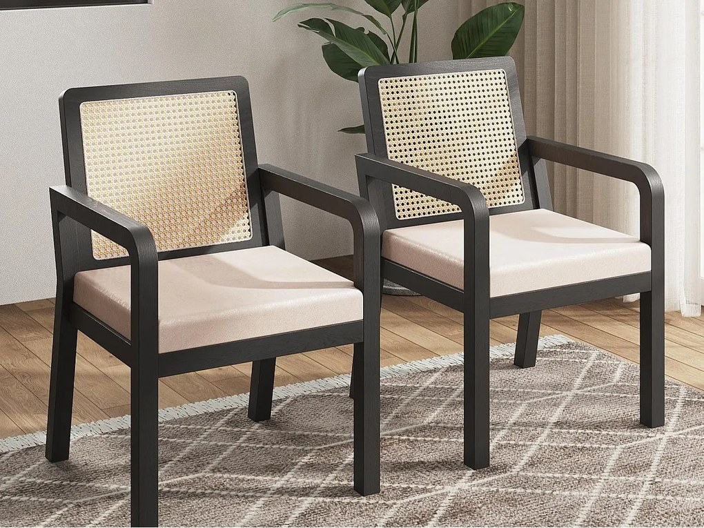 Zestaw 2 krzeseł do jadalni - siedzisko z poduszki welurowej - z oparciem z rattanu i nogami z drewna hevea - Czarny