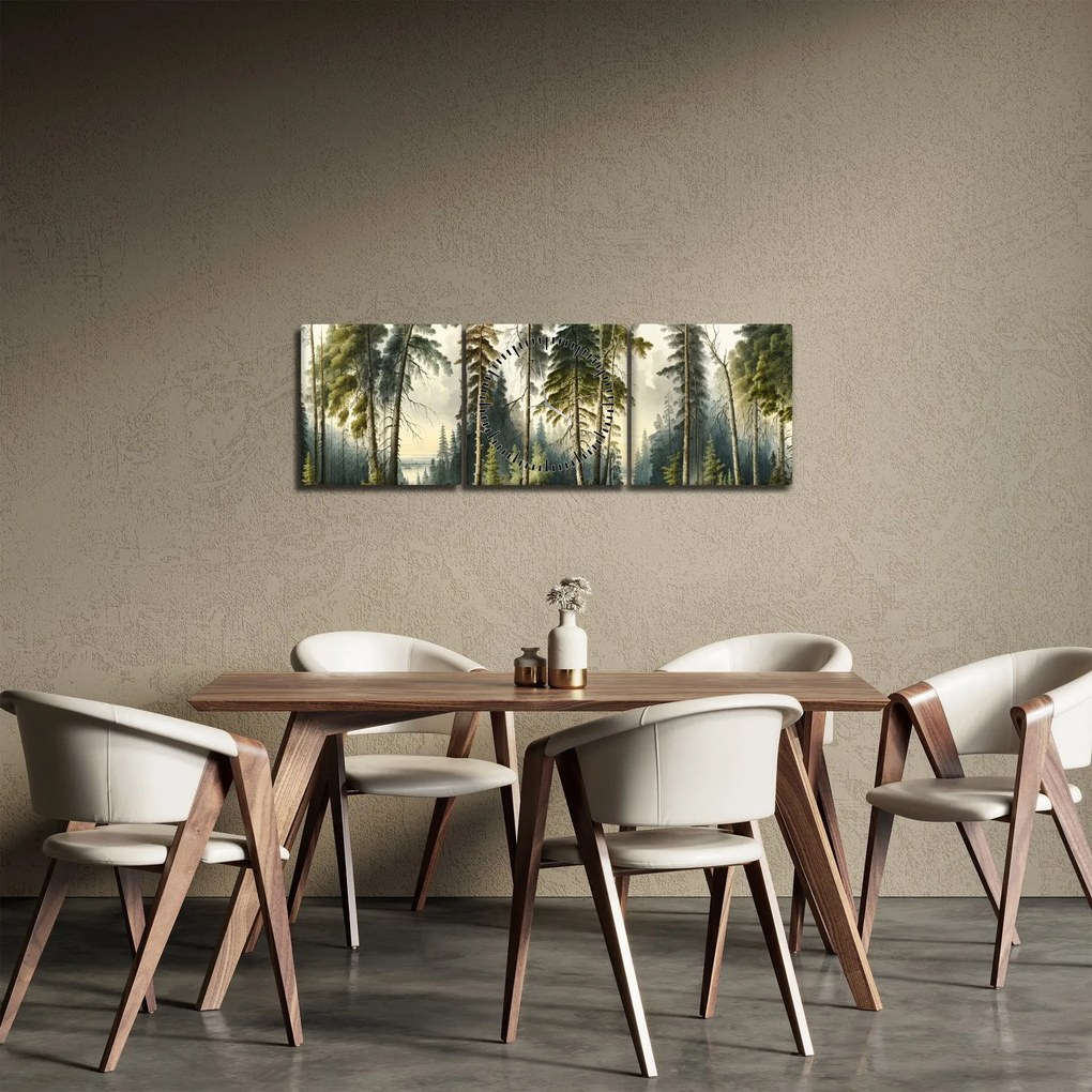Obraz - Krajobraz lasów w stylu vintage (z zegarem) (90x30 cm)