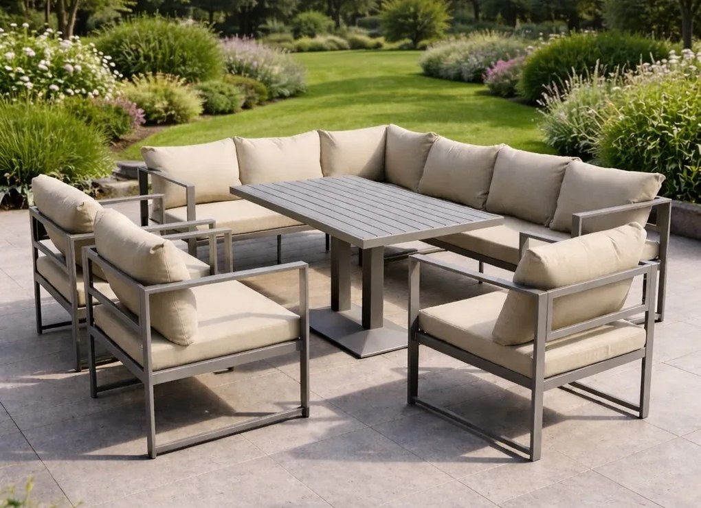 Narożnik ogrodowy Bellagio NM2006-BR z fotelami i stołem, szary, poduszki beżowe