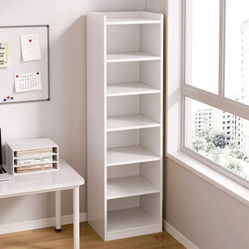 Biała szafka z 7 półkami – 180 x 40 x 30 cm – pionowy stojak na książki, styl minimalistyczny