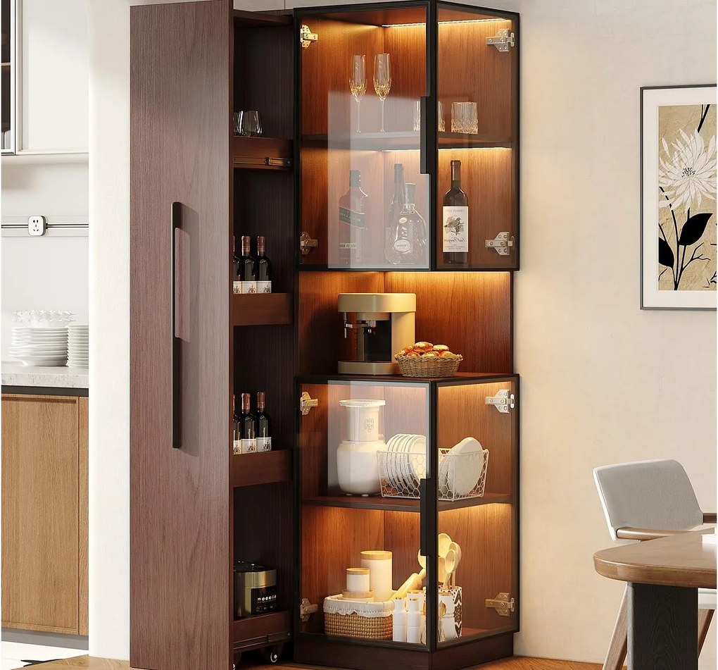 Szklana witryna 70x38x160 cm - z dużą szufladą przesuwną - oświetlenie LED - 4 szklane drzwi - MDF - Brązowy