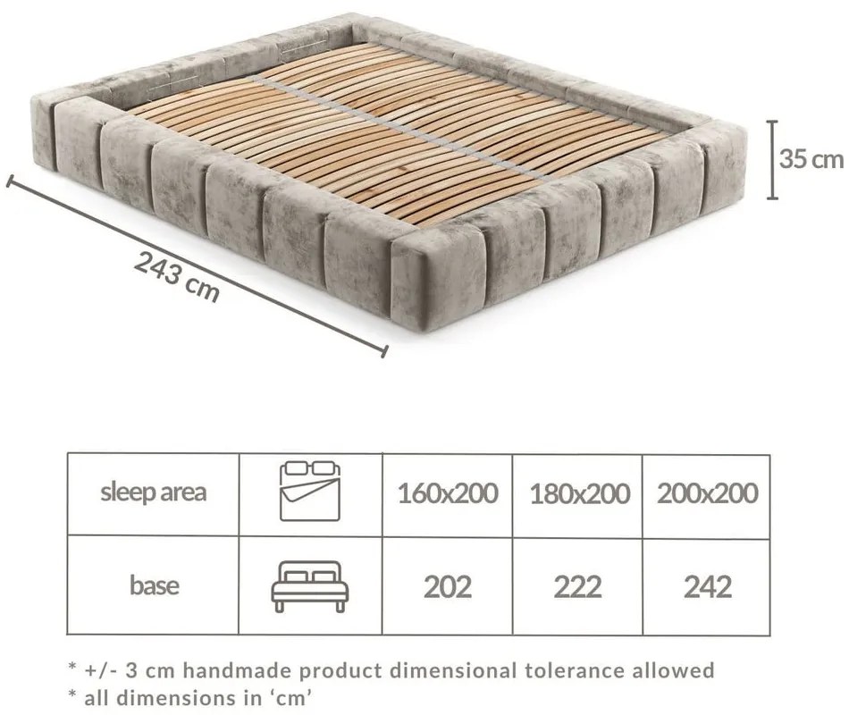 Beżowe tapicerowane łóżko dwuosobowe ze schowkiem i stelażem 200x200 cm Aruba L – Maison de Rêve
