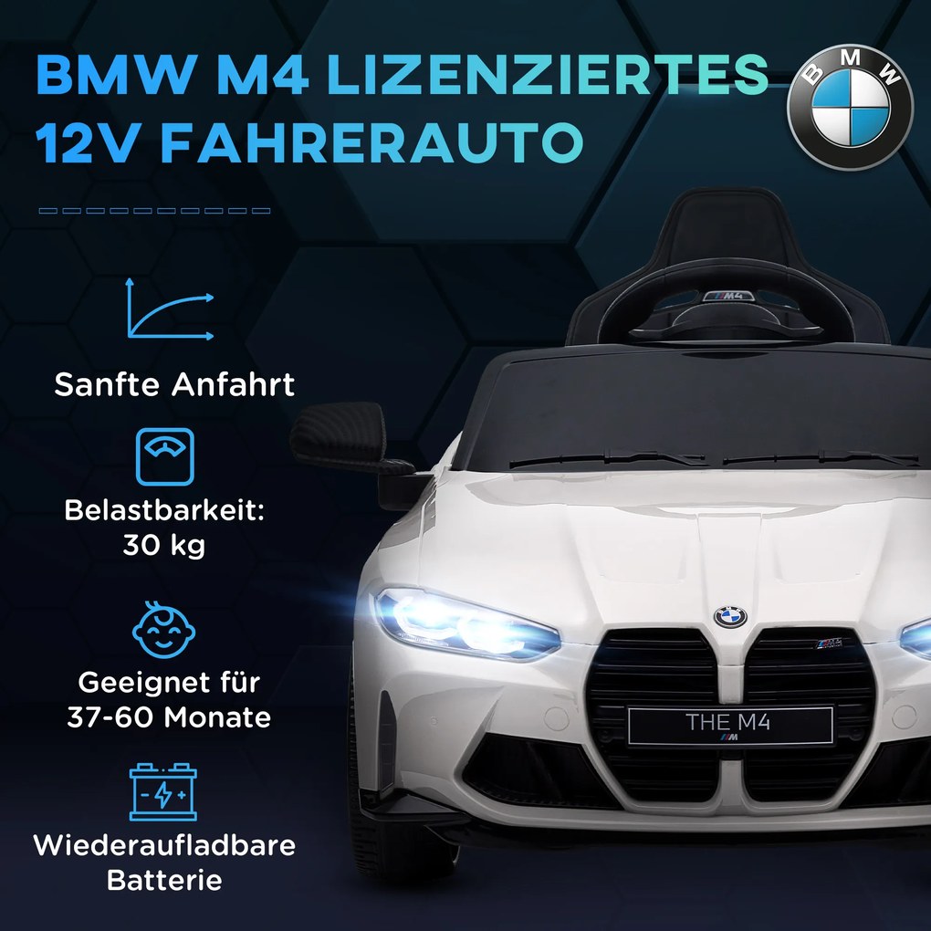 AIYAPLAY Elektryczny Samochód dla Dzieci BMW M4, Dźwięk &amp; Światło, 3-5 km/h, z pilotem, dla dzieci 3-5 lat, Biały