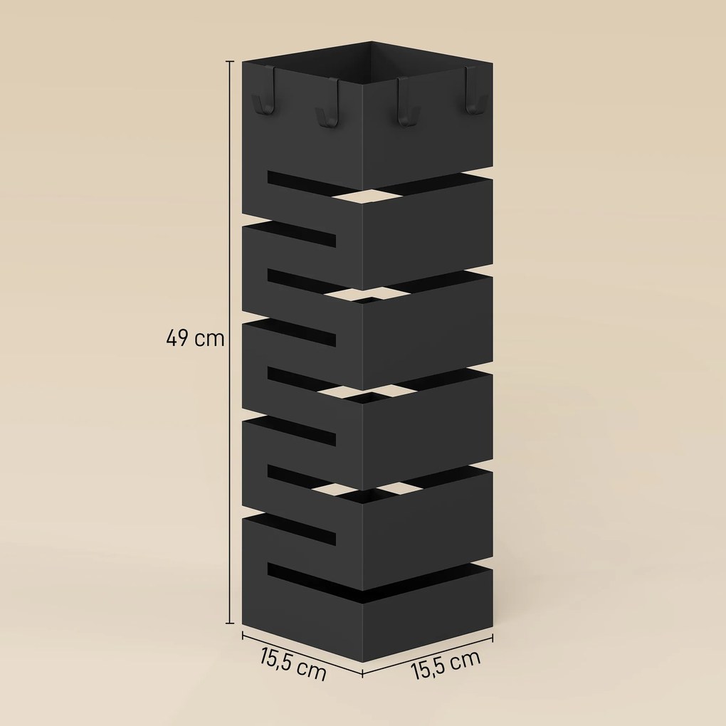HOMCOM Stojak na parasole, metalowy stojak na parasole, wolnostojący stojak z haczykami i tacką ociekową, miejsce na 8 parasoli, czarny | Aosom PL