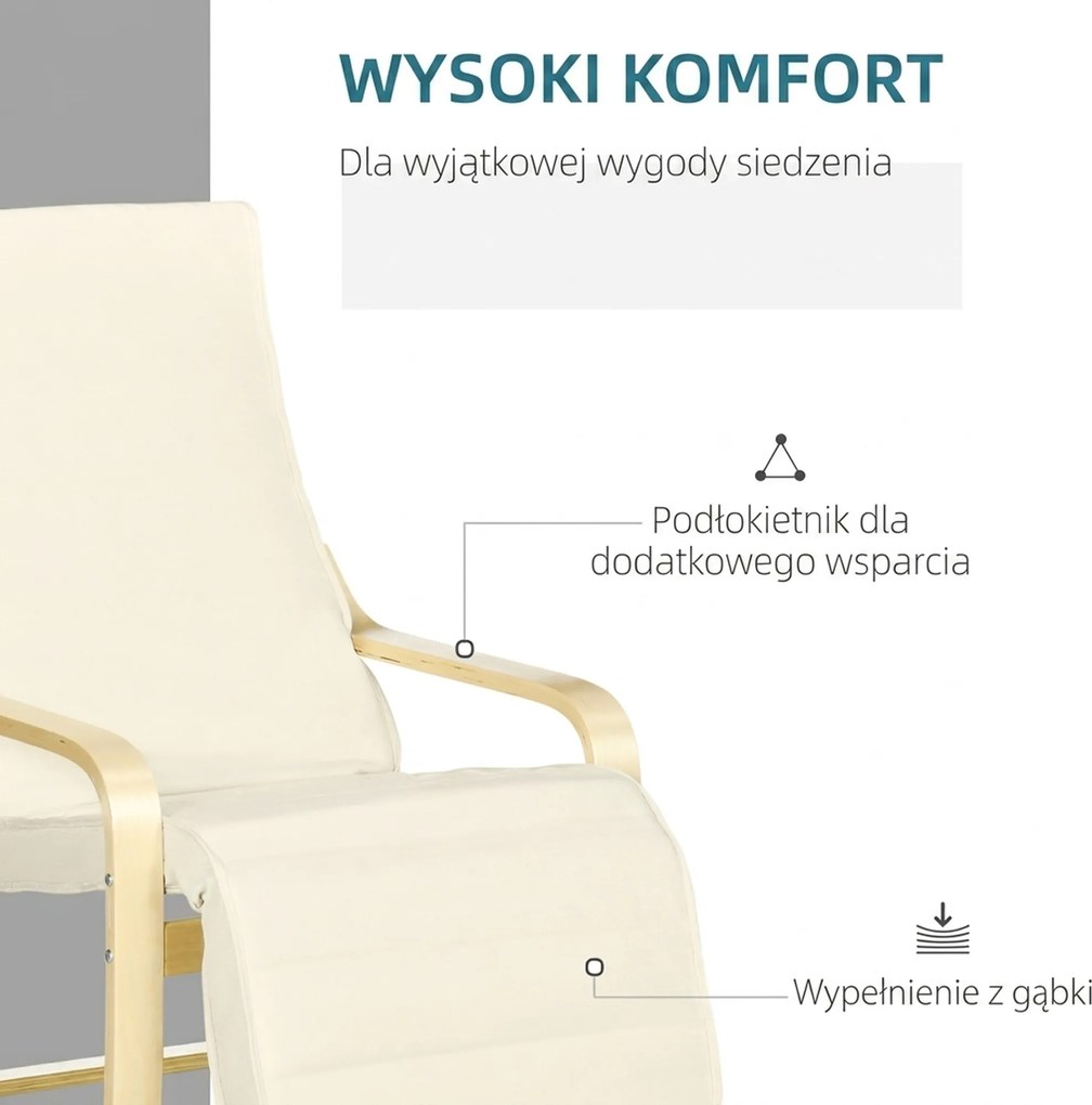 HOMCOM Leżak z Poduszką, Regulowany Podnóżek w 5 Pozycjach, Drewno Brzozowe, do 120 kg, 66,5 x 94 x 100 cm, Kremowy | Aosom PL