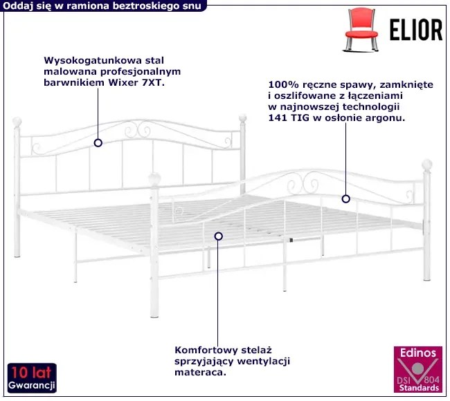 Białe metalowe łózko małżeńskie 200x200 cm - Zaxter