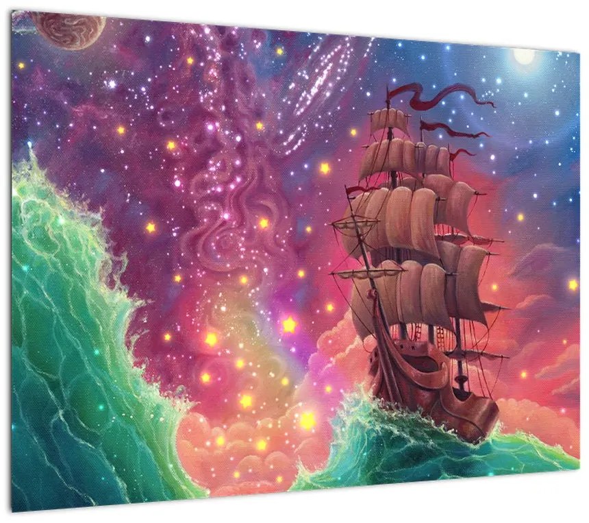 Obraz na szkle - Statek z kosmicznym niebem (70x50 cm)
