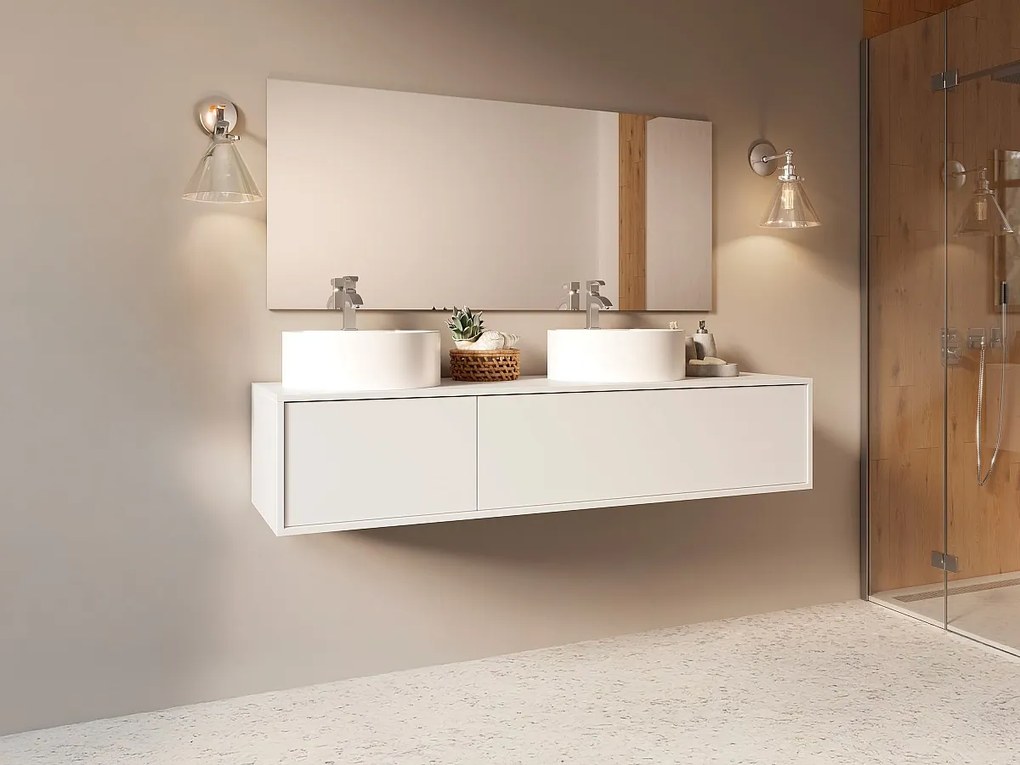 Wisząca szafka z podwójną umywalką do łazienki, w kolorze białym - L150 cm - ISAURE II