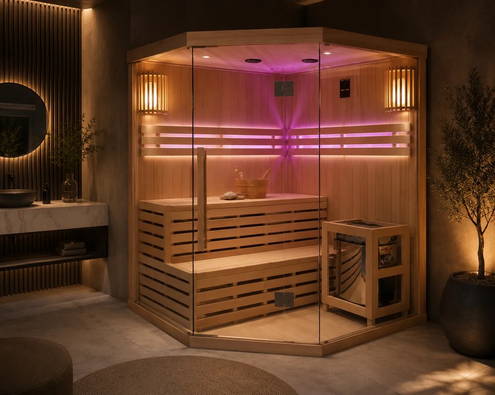 Sauna fińska wewnętrzna wysokotemperaturowa z piecem HARVIA 6KW z kamieniami 4 - 5 osobowa 150 x 150 CM