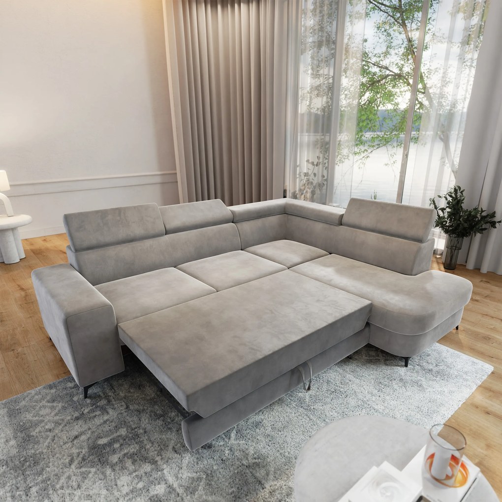 Masseno Narożnik ALVORO z funkcją spania i pojemnikiem na pościel Narozniki L, Rozkładana sofa - Jasnoszary, MONOLITH 84