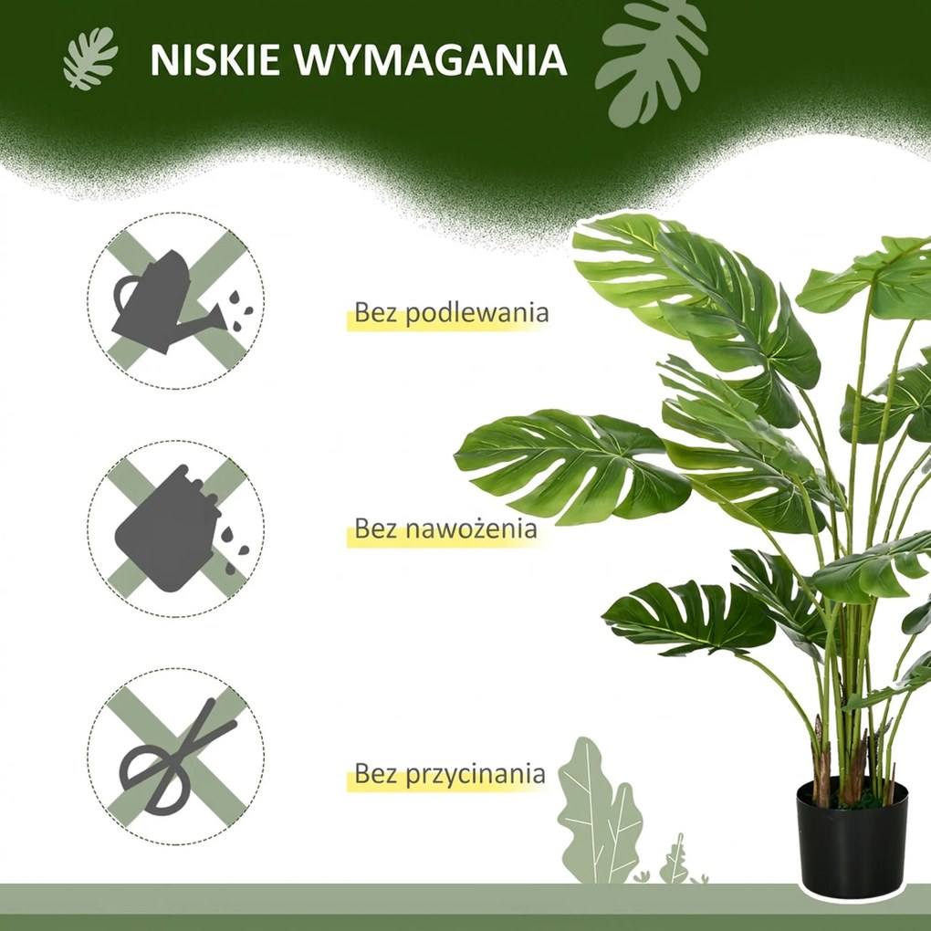 HOMCOM Sztuczna Roślina Monstera Deliciosa z Realistycznym Wyglądem, Doniczka i Cementowa Ziemia, 17,5 cm x 17,5 cm x 120 cm, Zielona
