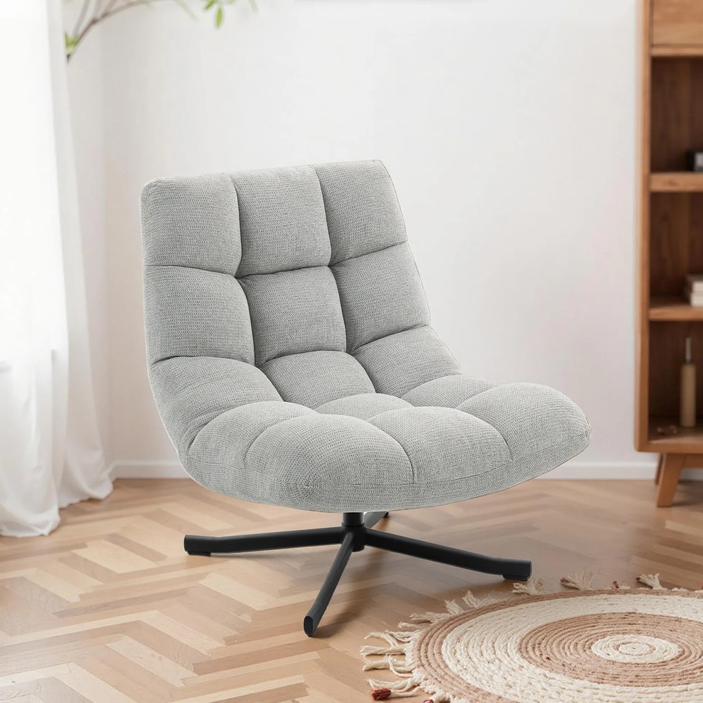 HOMCOM Fotel obrotowy lounge z szerokim siedziskiem, wodoodporna tapicerka chenille, skrzyżowane stalowe nogi, jasnoszary