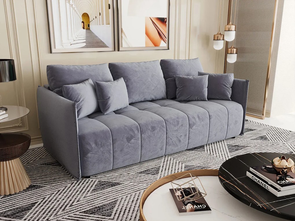 Szara welurowa sofa rozkładana z pojemnikiem W8-K60