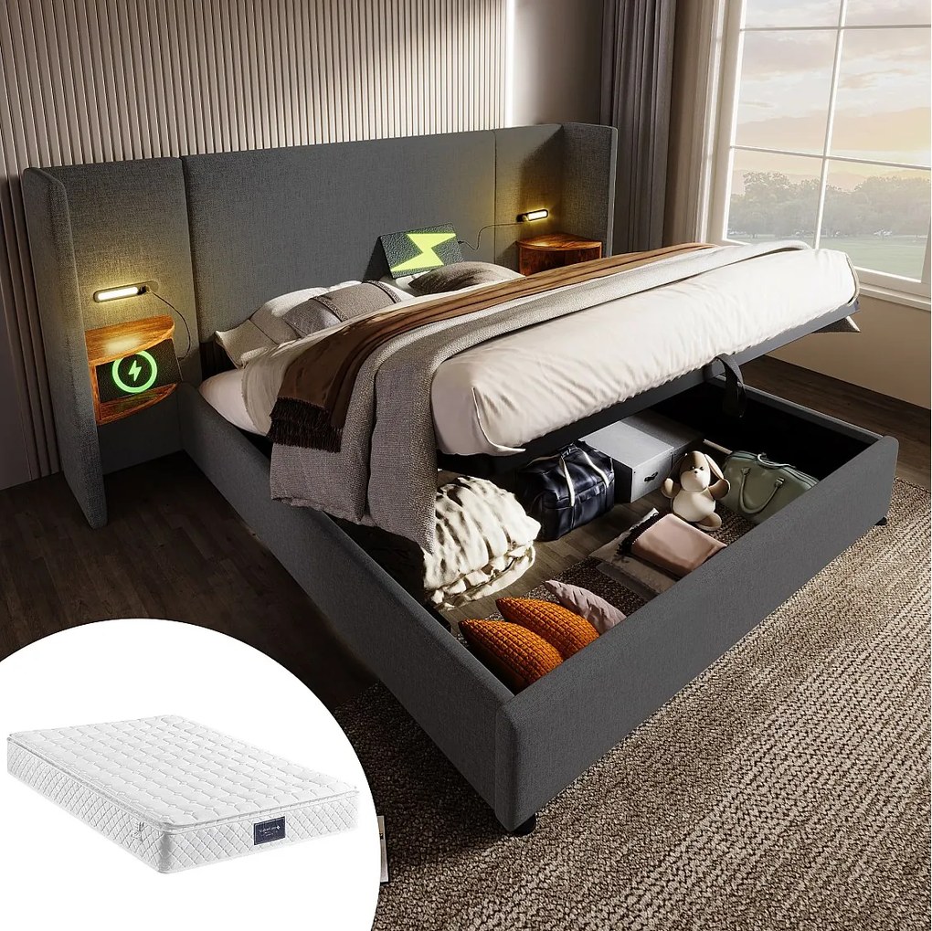 Łóżko tapicerowane z pojemnikiem na pościel - 160 x 200 cm - Stolik nocny + Materac - Lampa i USB - Drewno lite i tkanina lniana - Szary