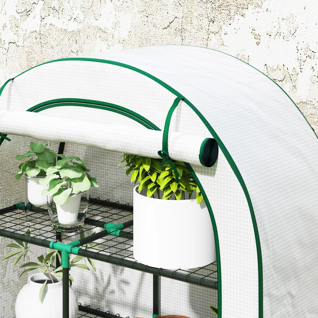 Outsunny Mini-szklarnia, 4-poziomowa szklarnia z folią plastikową, przenośna, z rolowanymi drzwiami, 100 x 45 x 160 cm, biała