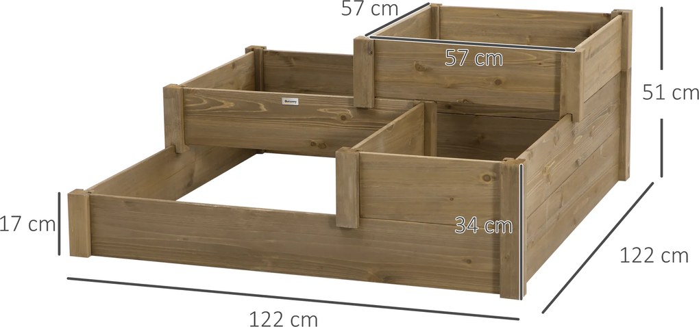Outsunny Wysoki grząd, 4 pojemniki na zioła na 3 poziomach, odporny na warunki atmosferyczne, drewno lite, 122 cm x 122 cm x 51 cm, Naturalny